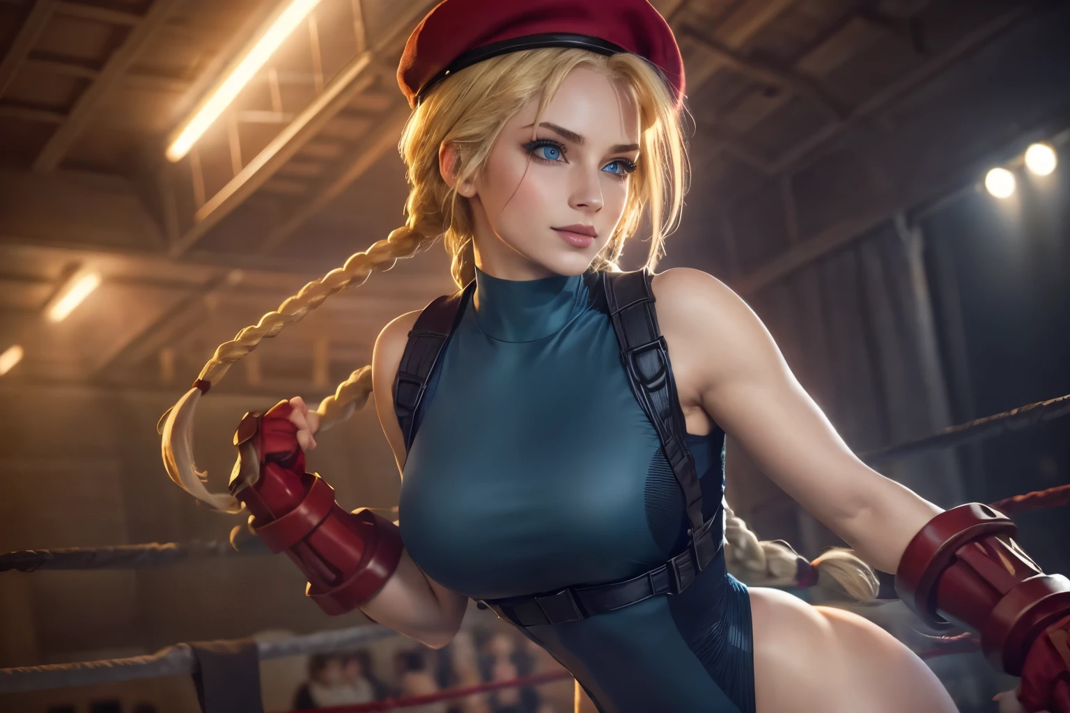 Cammy white da street fighter,(best quality, 4K,8k,high resolution,work of art:1.2)(weather: sunny), solo, single girl, 1girl. boxing stadium background, boxing ring, sexy stance, long braided hair, blonde hair, harness, leotard, garrison cap, gloves, thigh high stockings, boots, ultra detailed,realistic,beautiful detailed blue eyes, beautiful detailed lips,extremely detailed eye and face, long eyelashes,average,large breasts,flying hair,beaming smile, sexy smile, powerful girl, bright coloured, dramatic lighting,