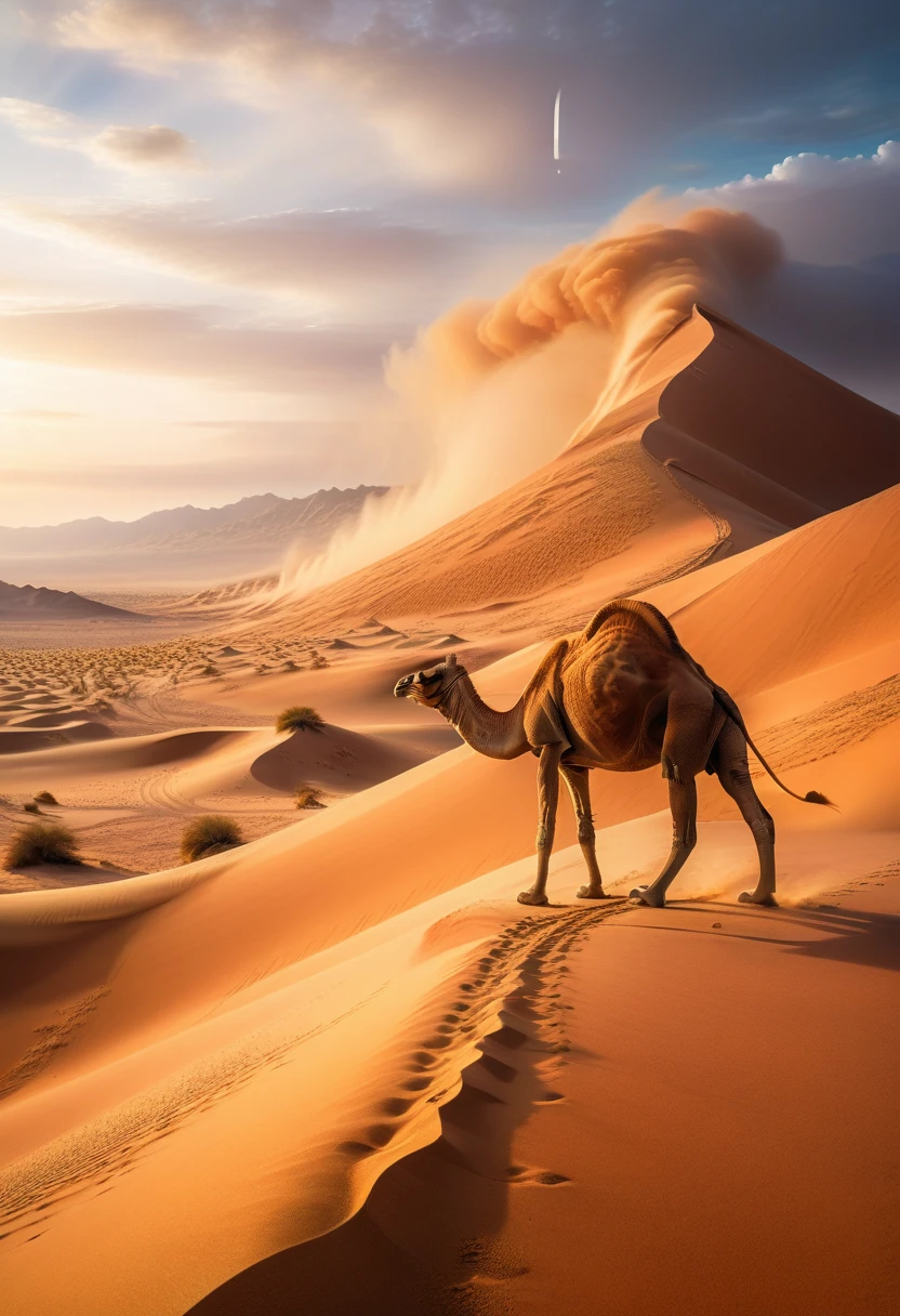 A desert landscape with giant sand dunes, a cute and detailed chameleon in the foreground and it's accompanied by a huge and adorable camel, masterpiece, photorealistic, 8k, hyper detailed, cinematic lighting, vibrant colors, natural environment, arid climate, warm tones, golden hour, atmospheric perspective, depth of field, intricate textures, realistic reptile scales, realistic camel fur, cinematic composition, dramatic shadows, dust particles, volumetric lighting, galaxies/nebula/planets in the sky, dry dust that looks like a fog in the desertic ambient.