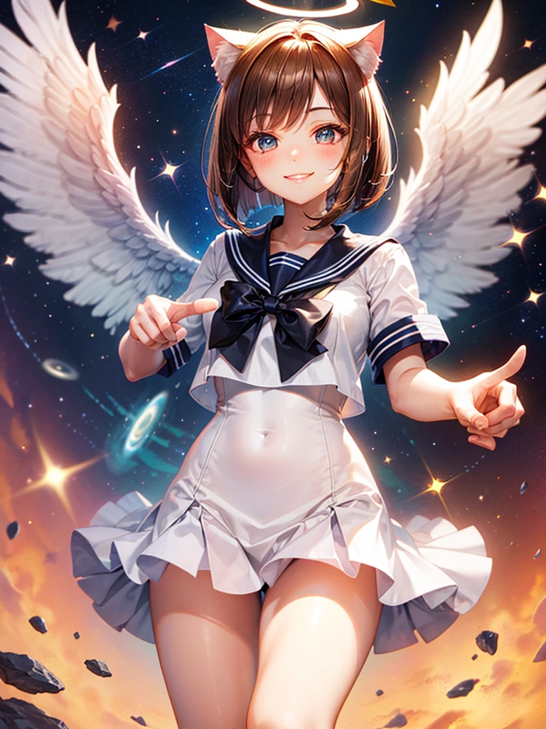 A beautiful smiling girl in a sailor suit,Halo,Cat ear,Brown hair short bob,front,Very beautiful eyes,universe,Milky Way,(((Pointing with one hand))),White angel wings on your back,