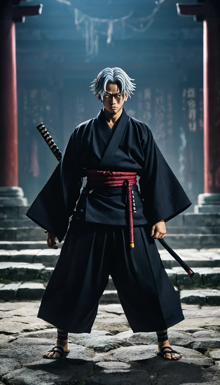 A powerful, menacing figure inspired by Ryomen Sukuna from Jujutsu Kaisen. He has two faces and four arms, covered in dark, intricate curse markings all over his muscular body. His expression is fierce and confident, with a twisted smile. He wears traditional Japanese clothing similar to a kimono, with an ancient, mystical aura surrounding him. The background shows a dark, ominous atmosphere, with cursed energy swirling around him as he stands in a ruined temple