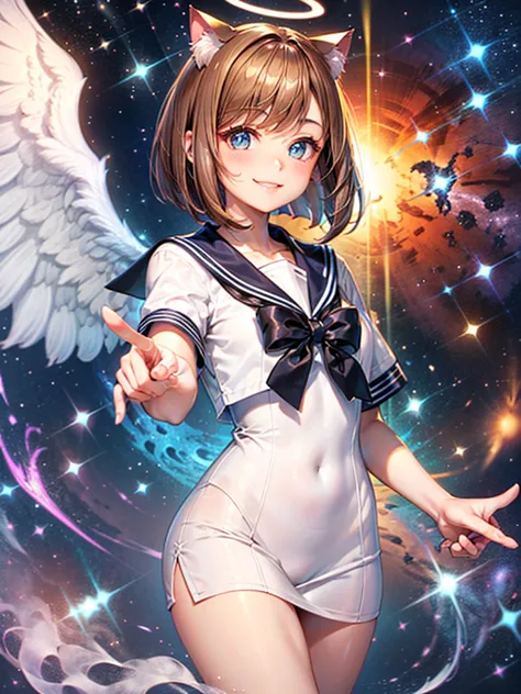 a beautiful smiling girl in a sailor suit,halo,cat ear,brown hair short bob,front,very beautiful eyes,universe,milky way,(((poin...