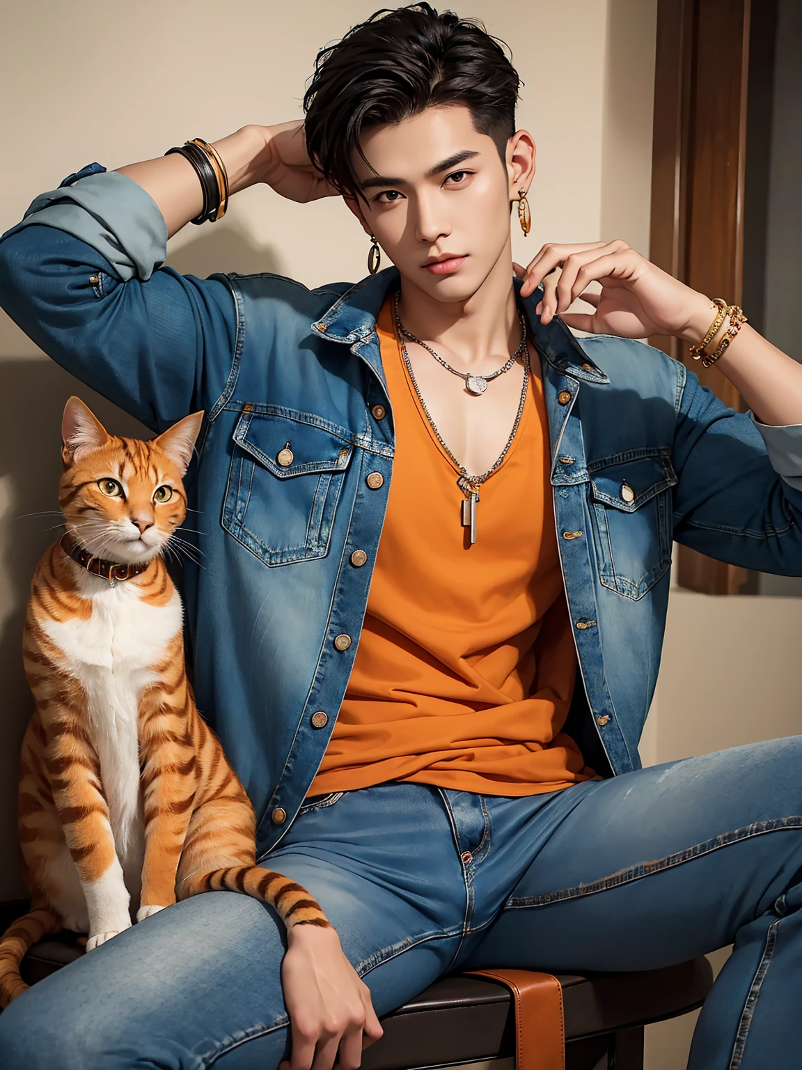 Masterpiece, complicated details, (((handsome young boyอายุ 30 ปี))), rocker denim jacket, Jeans, leather bracelet, wire necklace, big earrings, Araffi and an orange cat sat on a man&#39;s lap., Inspiration from Zhang Han, Inspired by Adam Dario Kiel, Who is Xi Wu?, realistic. Cheng Yi, Inspiration from Yan Juncheng, Handsome face and beautiful face, Inspired by Kim Hwan Ki, Inspiration from Kim Eung Hwan, Yanjun Chengt, Cai Su Kun, แรงบันดาลใจจากโจว เฉินMasterpiece, complicated details, handsome young boy, rocker denim jacket, Jeans, leather bracelet, wire necklace, big earrings, Posing against the mirror, Black hair, big black eyes, holding an orange cat. มีorange tabby catMasterpiece, complicated details, ((handsome young boyอุ้มแมวสีส้ม)), rocker denim jacket, Jeans, leather bracelet, wire necklace, big earrings, Black hair, big black eyes, orange shirt, holding an orange cat, Araffi and a white cat sitting on a man&#39;s lap., Inspiration from Zhang Han, Inspired by Adam Dario Kiel, Who is Xi Wu?, realistic. Cheng Yi, Inspiration from Yan Juncheng, Handsome face and beautiful face, Inspired by Kim Hwan Ki, Inspiration from Kim Eung Hwan, Yanjun Chengt, Cai Su Kun, แรงบันดาลใจจากโจว เฉินMasterpiece, complicated details, handsome young boy, rocker denim jacket, Jeansขาดๆ , leather bracelet, wire necklace, big earrings, Black hair, big black eyes, holding an orange cat. ((orange tabby cat))Masterpiece, complicated details, handsome young boy, (((Rocker Tattered Denim Jacket, Jeansขาดๆ))), leather bracelet, wire necklace, big earrings, Long black hair, big black eyes, orange shirt, holding an orange cat, blackground is sunrise on the green meadow