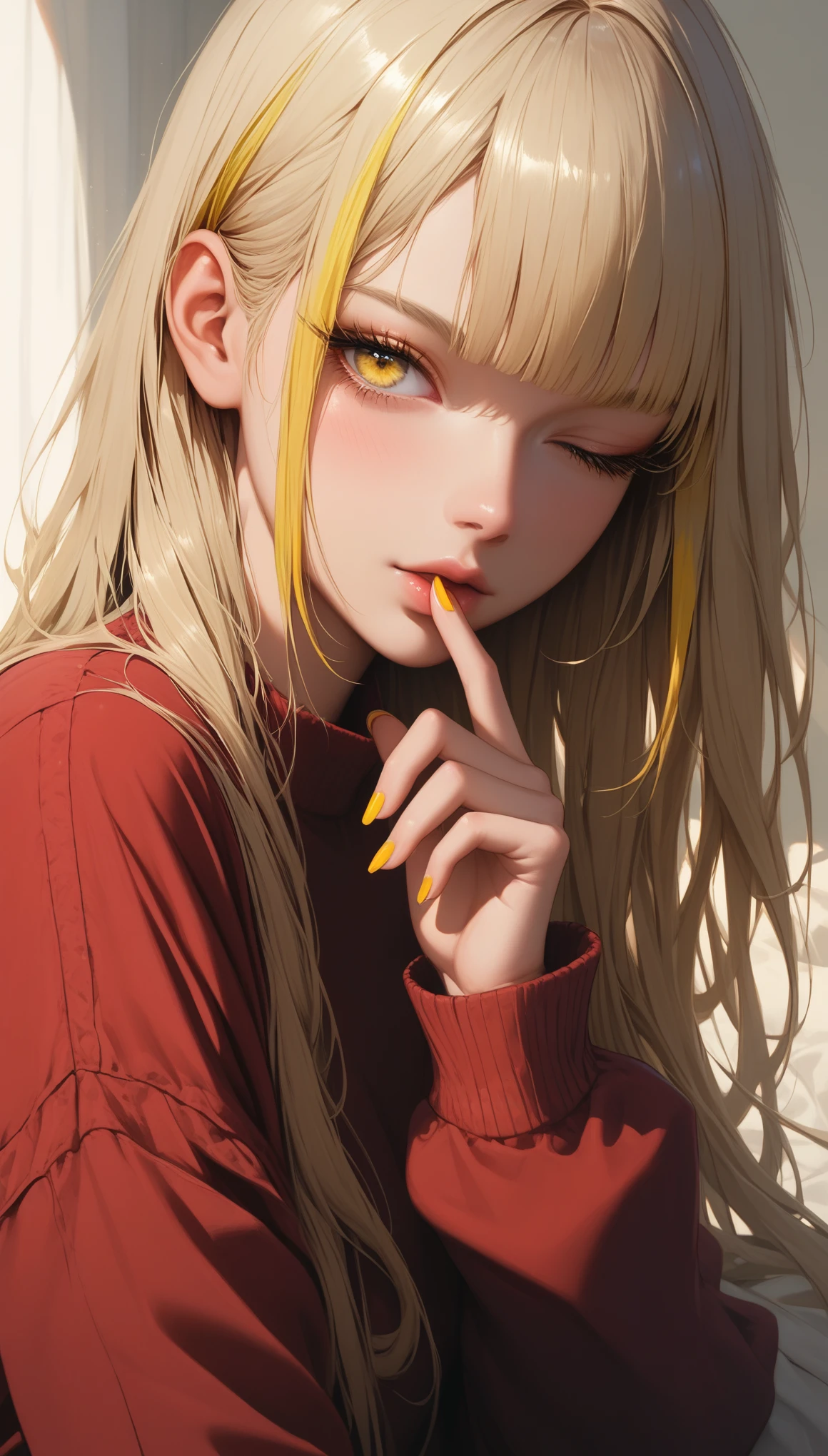 score_9, score_8_up, score_7_up, score_6_up, dark theme，sinozick style，
1girl,bangs,blonde hair,blunt bangs,brown hair,eyelashes,finger to mouth,fingernails,hand to own mouth,hand up,long hair,long sleeves,looking at viewe,multicolored hair,nail polish,one eye closed,peeking out,red shirt,shiny,shiny hair,shirt,sleeves past wrists,straight hair,streaked hair,upper body,yellow eyes,yellow nails,yellow theme