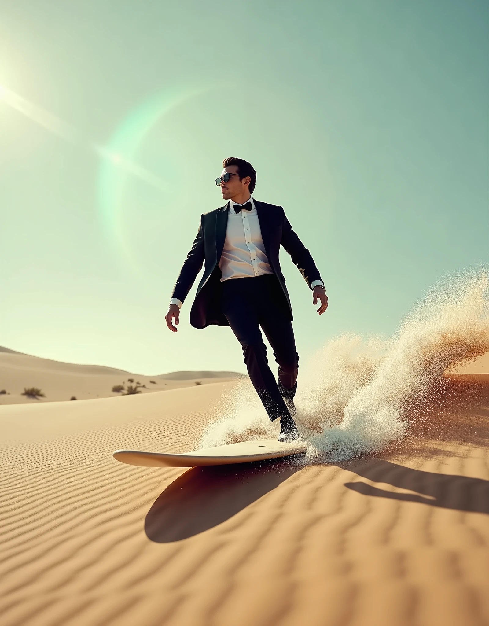 Professional photography, photo of a man wave surfing on the sand of desert, he wearing tuxedo, he is a fashionista, professional posing, light flare, dramatic light