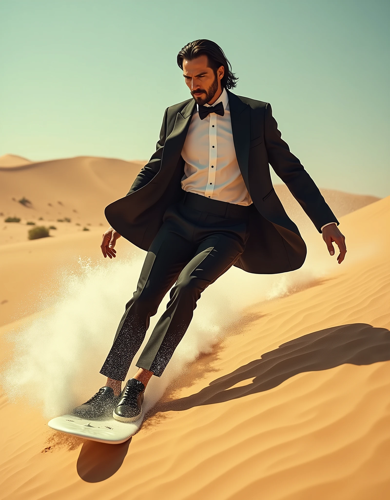 Professional photography, photo of a man wave surfing on the sand of desert, he wearing tuxedo, he is a fashionista, professional posing, light flare, dramatic light