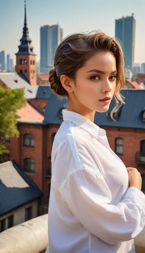 (masterpiece, best quality:1.2), 1girl, solo, anatomy perpect, wearing white oversize shirt, updo haor style, background blur im...