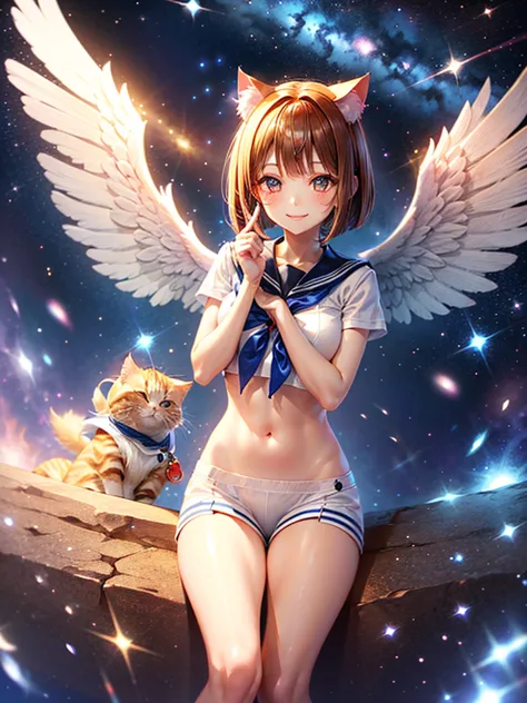 a beautiful smiling girl in a sailor suit,halation,cat ear,brown hair short bob,front,very beautiful eyes,universe,milky way,(((...