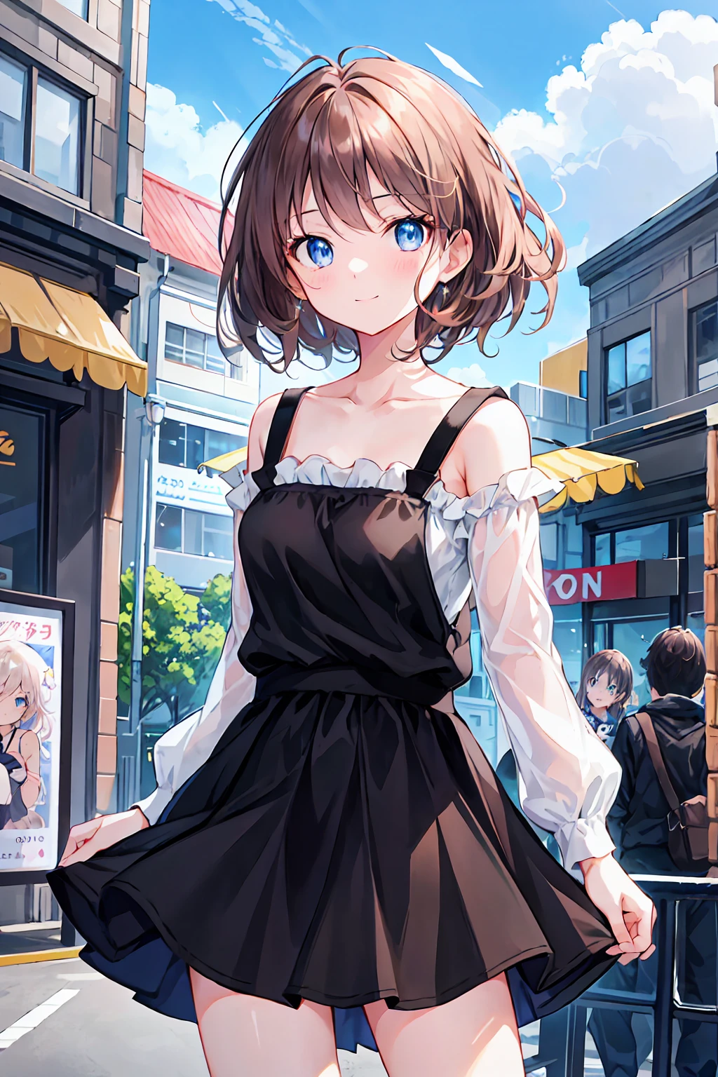 Brown Hair，Shortcuts，Messy Hair，Slender beauty，Hall々A positive attitude，Small box，Beautiful legs，Her enchanting grey-blue eyes shine like stars，（Cute older sister:1.3）、Long eyelashes、smile,early summer vibes、noon、Aggressive、hot、((Strong winds))、Black camisole，Black Skirt、Her captivating grey-blue eyes shine like stars、Light blue Y-shirt、Cafe，Anime girl standing in front of a store