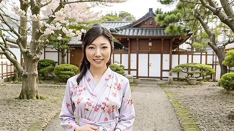 a japanese woman wearing traditional japanese dress, smiling, background of traditional japanese house and cherry blossom trees