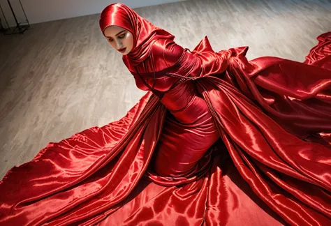 a woman shrouded in a 10-meter-long, plush red satin shimmer cloth, tightly bound and grandly draping along the form of her body...