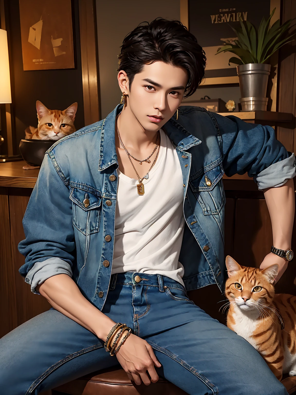 Masterpiece, complicated details, (((handsome young boyอายุ 30 ปี))), rocker denim jacket, Jeans, leather bracelet, wire necklace, big earrings, Araffi and an orange cat sat on a man&#39;s lap., Inspiration from Zhang Han, Inspired by Adam Dario Kiel, Who is Xi Wu?, realistic. cheng yi, Inspiration from Yan Juncheng, Handsome face and beautiful face, Inspired by Kim Hwan Ki, Inspiration from Kim Eung Hwan, yanjun chengt, Cai Su Kun, Inspired by Zhou Chen&#39;s Masterpiece, complicated details, handsome young boy, rocker denim jacket, Jeans, leather bracelet, wire necklace, big earrings, Posing against the mirror, Black hair, big black eyes, holding an orange cat. มีorange tabby catMasterpiece, complicated details, ((Handsome young boy holding an orange cat)), rocker denim jacket, Jeans, leather bracelet, wire necklace, big earrings, Black hair, big black eyes, Orange shirt, holding an orange cat, Araffi and a white cat sitting on a man&#39;s lap., Inspiration from Zhang Han, Inspired by Adam Dario Kiel, Who is Xi Wu?, realistic. cheng yi, Inspiration from Yan Juncheng, Handsome face and beautiful face, Inspired by Kim Hwan Ki, Inspiration from Kim Eung Hwan, yanjun chengt, Cai Su Kun, Inspired by Zhou Chen&#39;s Masterpiece, complicated details, handsome young boy, rocker denim jacket, Ripped jeans , leather bracelet, wire necklace, big earrings, Black hair, big black eyes, holding an orange cat. ((orange tabby cat))Masterpiece, complicated details, handsome young boy, (((Rocker Tattered Denim Jacket, Ripped jeans))), leather bracelet, wire necklace, big earrings, Long black hair, big black eyes, Orange shirt, holding an orange cat, blackground is sunrise on the green meadow，Perfect hand details，Professional photography，Professional composition