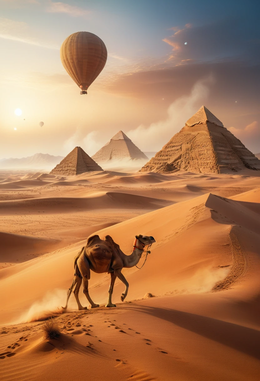 A desert landscape with giant sand dunes, a cute and detailed chameleon in the foreground and it's accompanied by a huge and adorable camel, masterpiece, photorealistic, 8k, hyper detailed, cinematic lighting, vibrant colors, natural environment, arid climate, warm tones, golden hour, atmospheric perspective, depth of field, intricate textures, realistic reptile scales, realistic camel fur, cinematic composition, dramatic shadows, dust particles, volumetric lighting, galaxies/nebula/planets in the sky, dry dust that looks like a fog in the desertic ambient, in the background seems looks a group of pyramids