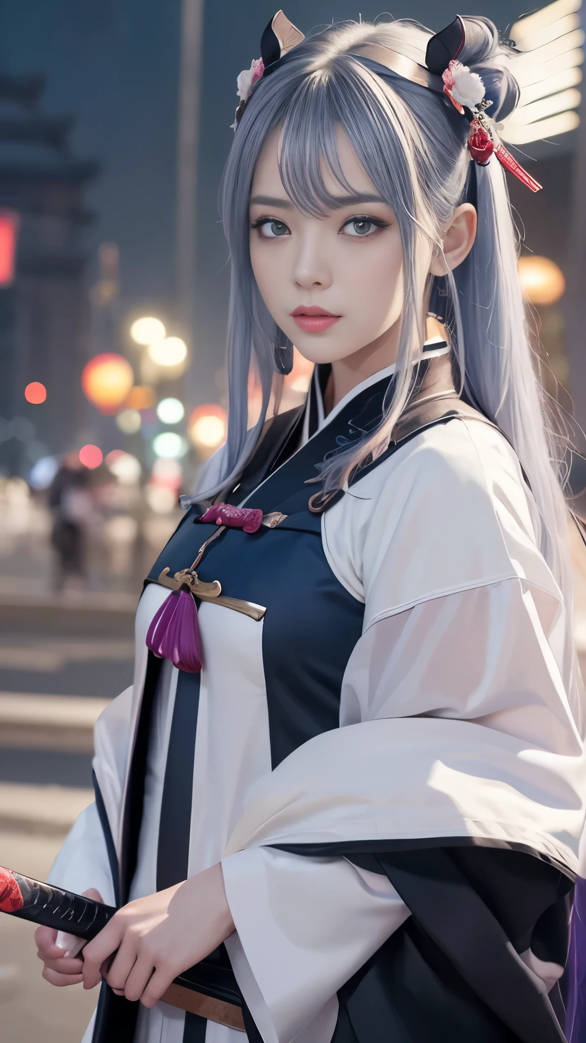 masterpiece, Highest quality、Ultra HD、Ultra-high resolution、wonderful, (CG illustration、8k )、night, Outdoor,  ancient China, ((2 women)), Mature Woman, Blue and white hair color, Gray blue eyes, Pale pink lips, Indifference, 真swordさ, bangs,Surreal Onmyoji、Unrealistic and dynamic assassin, sword, Facial details, Facial details、purple、red、Effect Effects、Iridescent aura、CGSoation Trend、((Ultra-realistic face details))、Portrait、Sharp、Detailed LED background、Thick lips、Thick lips、