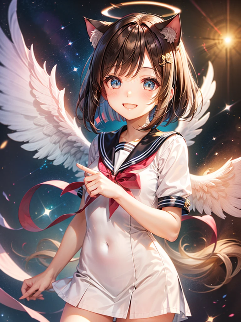 A beautiful smiling girl in a sailor suit,Halo,Cat ear,Brown hair short bob,front,Very beautiful eyes,universe,Milky Way,(((口に指を当てる))),White angel wings on your back,