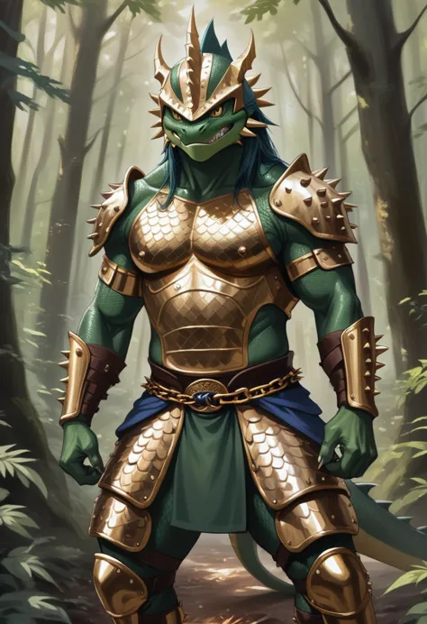 antro green lizard  male ,((muscular body)) ((furry))), ((golden,chain mail)),((leg armor)) ((spiked helmet)),(((battoujutsu sta...