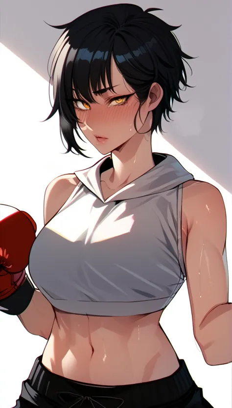 black hair,masterpiece,best quality,highres,ultra-detailed,aashizue,yellow eyes,short hair,(sleeveless hoodie:1.2), boxing glove...