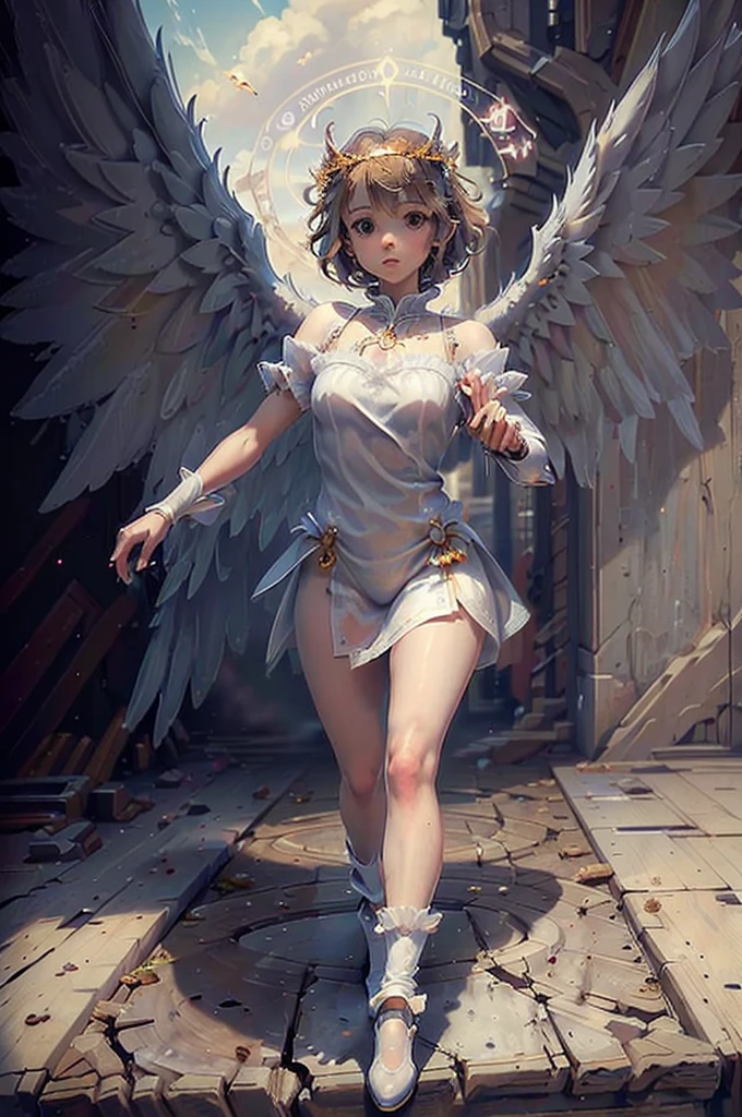 ((Highest quality)), ((masterpiece)), (detailed), ((Perfect Face)), ((Weak body)) Cute face, Angel,Wings on the back, Teenage Girls,  Perfect Proportions , Angelのキャラクター, short hair,  skyline,Fantasy