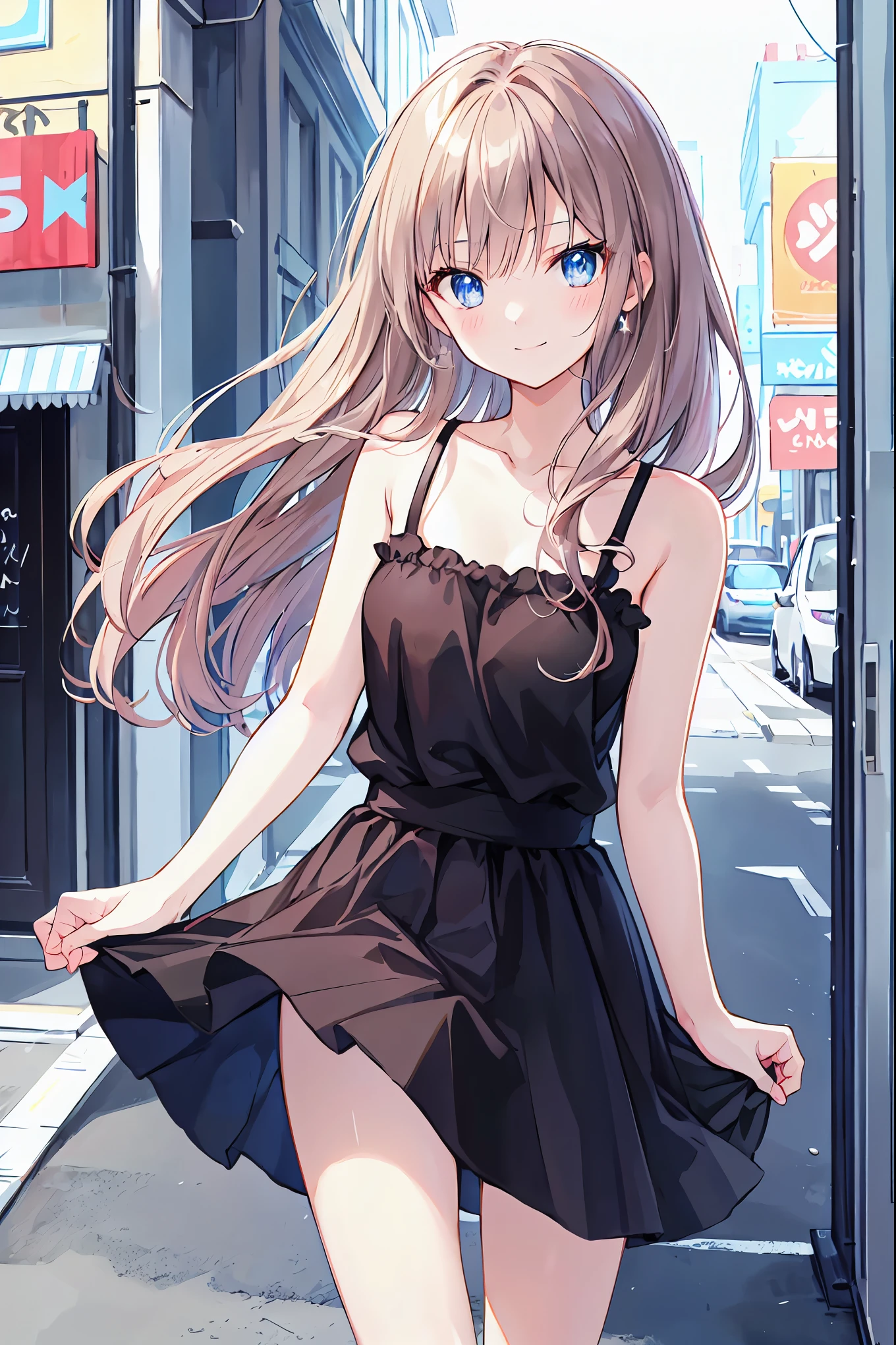 Brown Hair，Shortcuts，Messy Hair，Slender beauty，Hall々A positive attitude，Small box，Beautiful legs，Her enchanting grey-blue eyes shine like stars，（Cute older sister:1.3）、Long eyelashes、smile,early summer vibes、noon、Aggressive、hot、((Strong winds))、Black camisole，Black Skirt、Her captivating grey-blue eyes shine like stars、Light blue Y-shirt、Cafe，Anime girl standing in front of a store