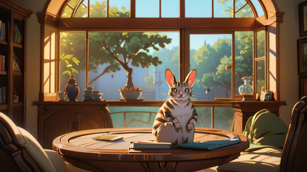 A cat sits in front of a small round table and reads a book., peter rabbit, Portrait, Warm sunlight streams in through the window.