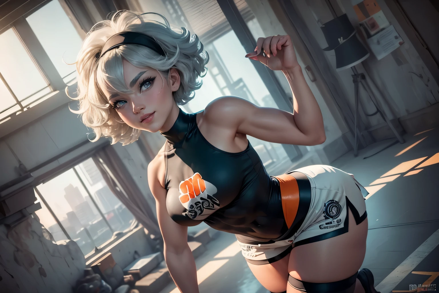 Bea da pokemon,(best qualityer,4K,8k,high resolution,work of art:1.2)(weather: windy), 1girl, solo girl, sport stadium background, short curly hair, gray hair, cropped shirt, micro shorts, thigh high stockings, headband, gloves, leotard, ultra detailed,realistic,beautiful detailed gray eyes, beautiful detailed lips,extremely detailed eye and face, long eyelashes,average,large breasts,flying hair,beaming smile, cute smile,powerful girl, cute pose , bright coloured, dramatic lighting,