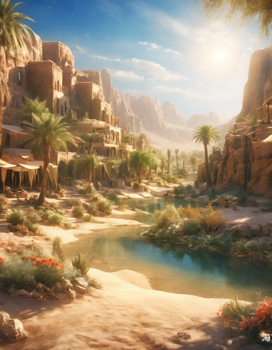 (masterpiece, best quality: 1.2),desert，oasis,，sun,Ultra HD, masterpiece, High Detail, high quality, best quality, high resolution