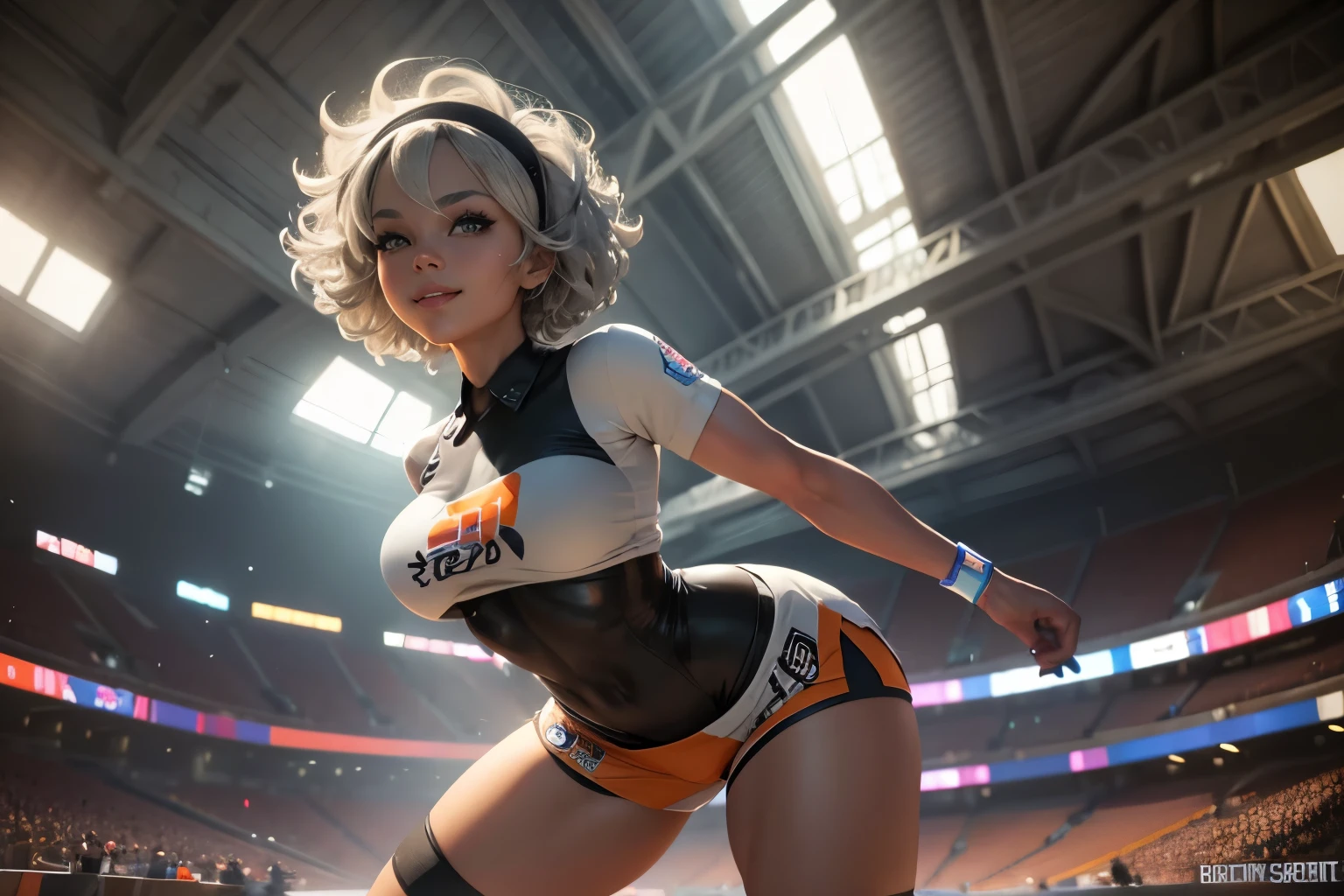 Bea da pokemon,(best qualityer,4K,8k,high resolution,work of art:1.2)(weather: windy), 1girl, solo girl, sport stadium background, short curly hair, gray hair, cropped shirt, micro shorts, thigh high stockings, headband, gloves, leotard, ultra detailed,realistic,beautiful detailed gray eyes, beautiful detailed lips,extremely detailed eye and face, long eyelashes,average,large breasts,flying hair,beaming smile, cute smile,powerful girl, cute pose , bright coloured, dramatic lighting,