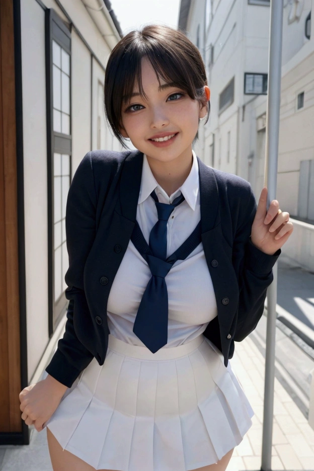 8k,masterpiece, Highest quality, Super detailed, [Perfect shadows and lighting], Detailed Background, incredible high key lighting, Soft indirect lighting, Beautiful school girl, Gorgeous face,The Face of Japan, lips, compensate,  Perfect Eyes, Black Hair, Two Side Up, blue eyes, Very large breasts, A chest that doesn&#39;t fit into clothes, Disproportionate breasts, Huge breasts, Thick, Wide Hips, Narrow waist, Fascinating, smile, Grin, Open your mouth,  Wet clothes, Short skirt, Small uniform, school uniform, See through, Outdoor, In town, Sexy pose, Put your chest close, 