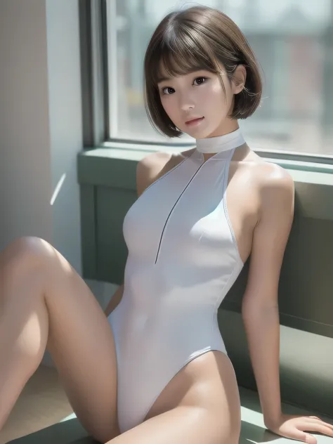 highest quality、masterpiece、a petite beauty with a short haircut、white high leg leotard、android first boot、innocent expression、e...