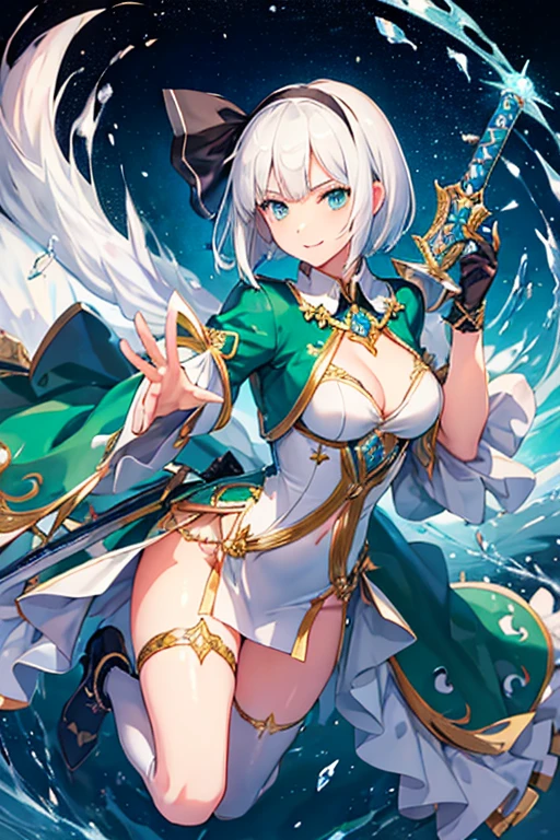 1girl,(✨💎:1.4),(konpaku youmu),castle,(emerald armored dress),boots,(holding sword),licking,(serious, smile),leaning forward,looking at viewer,full body,(aiming at viewer,sword),contrapposto,insanely detailed,ultra highres,masterpiece,8K,super detailed skin, (detailed beautiful face and eyes),very detailed background,elaborately designed clothes,beautiful artwork,Lunge,prepare a sword,white hair,