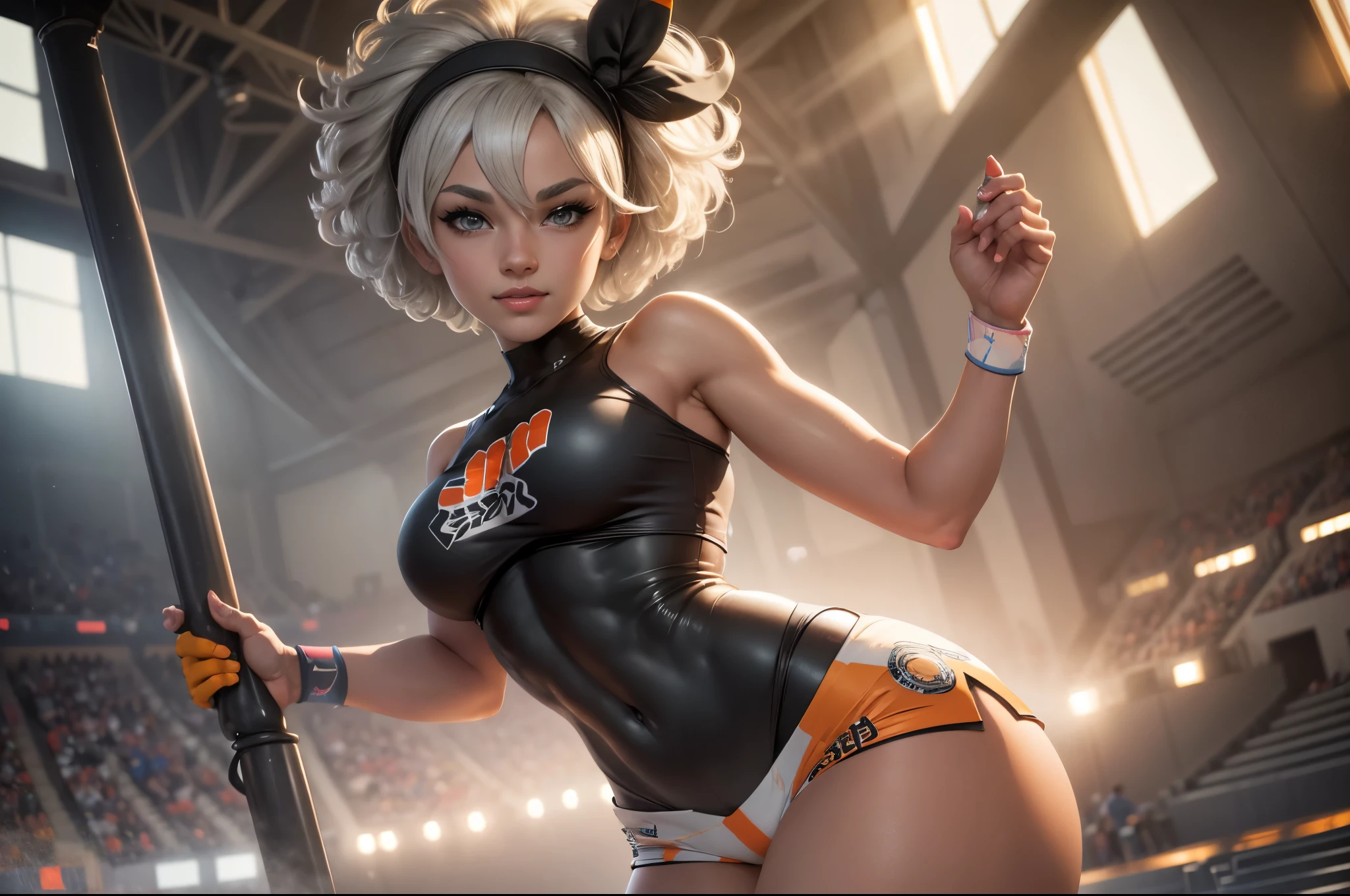 Bea da pokemon,(best qualityer,4K,8k,high resolution,work of art:1.2)(weather: windy), 1girl, solo girl, sport stadium background, short curly hair, gray hair, cropped shirt, micro shorts, thigh high stockings, headband, gloves, leotard, ultra detailed,realistic,beautiful detailed gray eyes, beautiful detailed lips,extremely detailed eye and face, long eyelashes,average,large breasts,beaming smile,powerful girl, bright coloured, dramatic lighting,