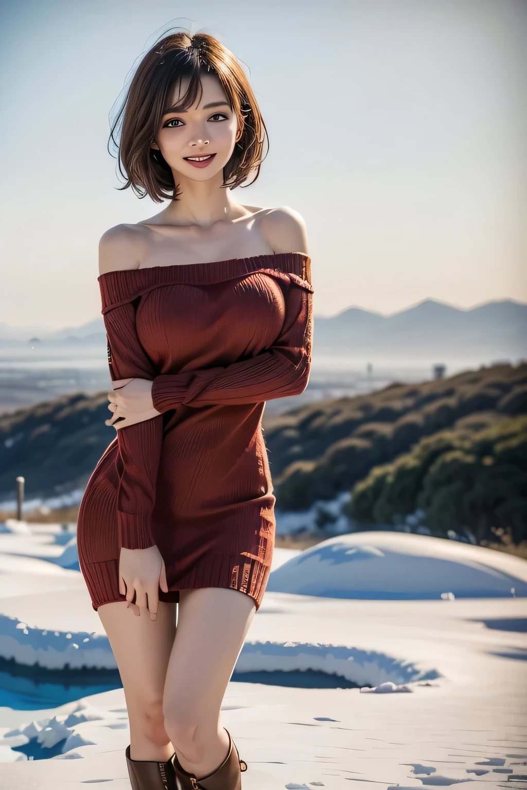 (The contrast of light and shadow makes the subject appear three-dimensional),(((With the sunset in the background))),(((Standing on a snowy mountain in winter:1.3))),Beautiful adult woman,smile,Blushing,Red lips,(((Red off-the-shoulder knit jumper dress:1.3))),Black Stockings,Knee-high boots,(Brunette Pixie Cut),(((Accentuate your breasts:1.3))),Playing with the chest,Detailed characteristics of the garment,Detailed characteristics of hair,Detailed facial features,(Dynamic Angle),(Dynamic and sexy pose),Professional Lighting,Cinematic Light,(Highest quality,Ultra-high resolution output images,) ,(8K quality,Written boundary depth,Anatomically correct facial structure,),(SeaArt 2 Mode:1.3),(Picture Mode Ultra HD,),(3D Realistic Photography:1.3)