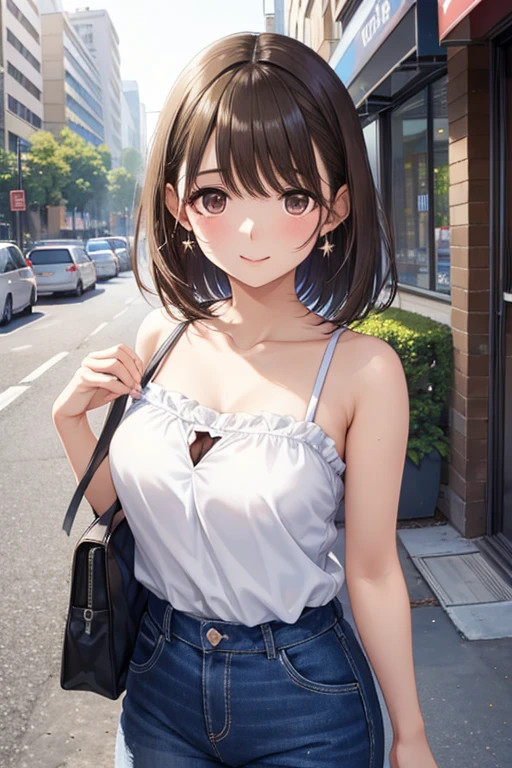 anegasaki nene、Shiny brown hair, short hair, (Beautiful brown eyes、Sparkling eyes, Fine grain)、smile、Ultra-detailed eyes、Highly detailed face, Highly detailed eyes,Cowboy Shot、


(masterpiece, Highest quality), girl, View your viewers, Recall, 
Bob, Tube top,  outside, on the road, In the city, At dusk, Light watercolor, 
break (shot from the ground:1.2)