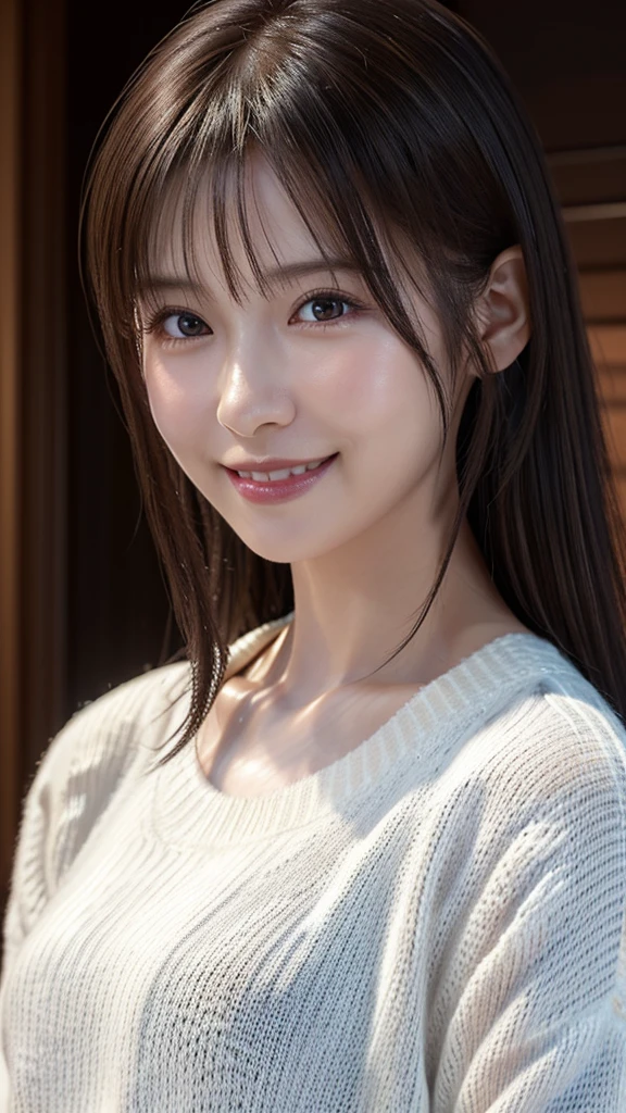 1 Japanese girl,(White sweater:1.4), (RAW Photos, highest quality), (Realistic, Realistic:1.4), Tabletop, Very delicate and beautiful, Very detailed, 8k wallpaper, wonderful, In detail, Very detailedなCG Unity, High resolution, Soft Light, Beautiful details 1, Very detailedな目と顔, Beautiful and sophisticated nose, Beautiful details,Cinema Lighting,Perfect Anatomy,Slender body,smile  (Asymmetrical bangs,)