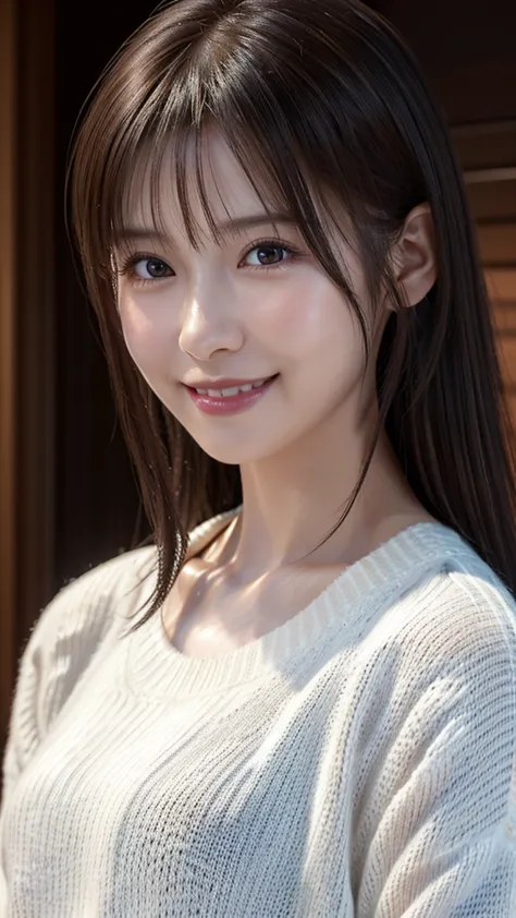 1 japanese girl,(white sweater:1.4), (raw photos, highest quality), (realistic, realistic:1.4), tabletop, very delicate and beau...