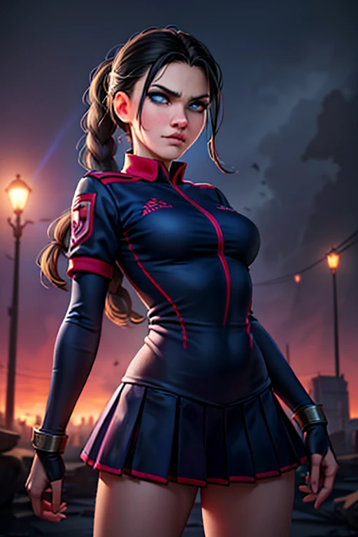 A beautiful girl with long braided black hair, detailed blue eyes, thin lips, round face, wearing a cheerleader uniform, holding a serrated dagger, arrogant expression, zombie killer protagonist, (best quality,8k,highres,photorealistic,hyper detailed,studio lighting,vibrant colors,dramatic lighting,cinematic,dark fantasy art style),desolate city background