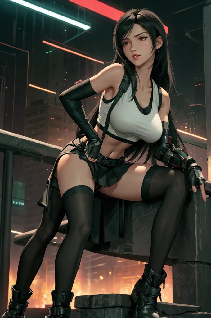 Tifa Lockhart, Final Fantasy VII,,Ankle boots, Black Hair, black skirt, black knee socks, Big Breasts, Cityscape, Crop top, Elbow Gloves, Elbow pads, fingerless gloves, whole body, Headrest, Small face,8 heads,Clear red eyes,lips,View your viewers, low-tied long hair, Panties,Midgar, Green light, night, masterpiece,Highest quality,High resolution,((Accurate human body)),The correct five fingers,True to prompts,Cinema Lighting,The right two legs,, female masturbation