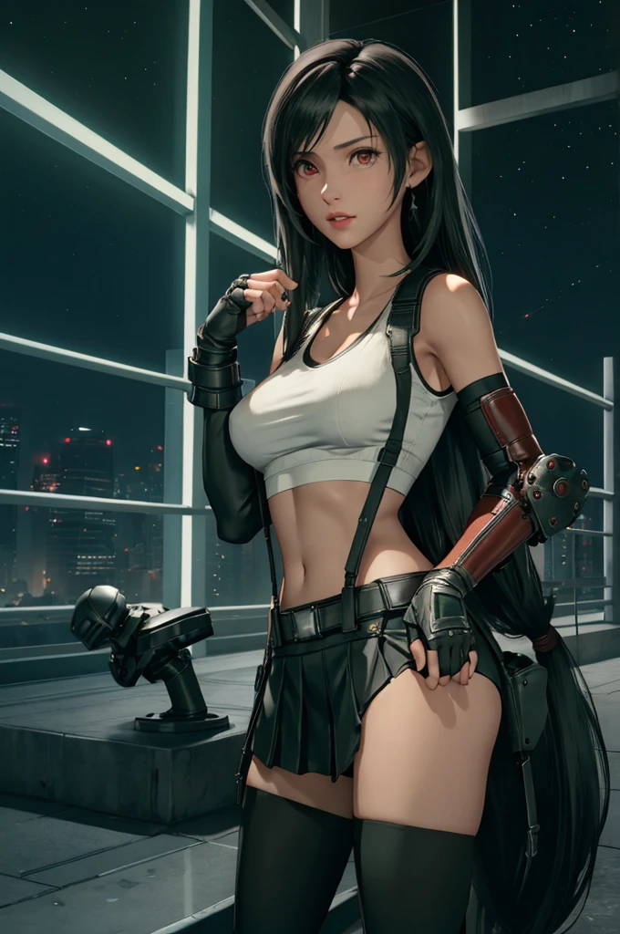 Tifa Lockhart, Final Fantasy VII,,Ankle boots, Black Hair, black skirt, black knee socks, Big Breasts, Cityscape, Crop top, Elbow Gloves, Elbow pads, fingerless gloves, whole body, Headrest, Small face,8 heads,Clear red eyes,lips,View your viewers, low-tied long hair, Panties,Midgar, Green light, night, masterpiece,Highest quality,High resolution,((Accurate human body)),The correct five fingers,True to prompts,Cinema Lighting,The right two legs,, female masturbation