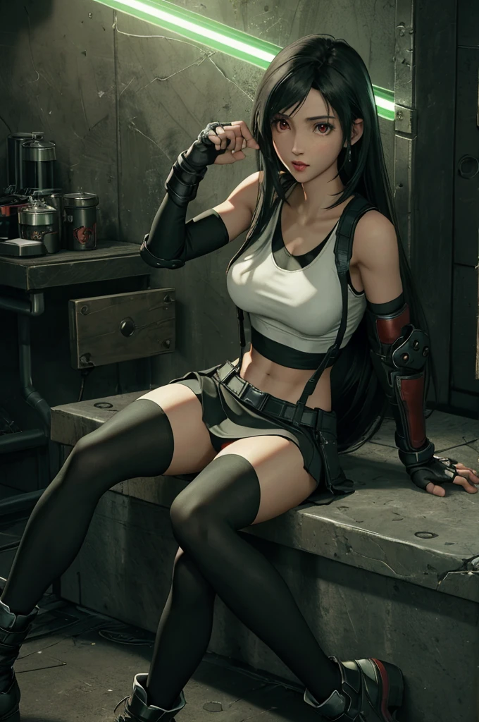 Tifa Lockhart, Final Fantasy VII,,Ankle boots, Black Hair, black skirt, black knee socks, Big Breasts, Cityscape, Crop top, Elbow Gloves, Elbow pads, fingerless gloves, whole body, Headrest, Small face,8 heads,Clear red eyes,lips,View your viewers, low-tied long hair, Panties,Midgar, Green light, night, masterpiece,Highest quality,High resolution,((Accurate human body)),The correct five fingers,True to prompts,Cinema Lighting,The right two legs,, female masturbation