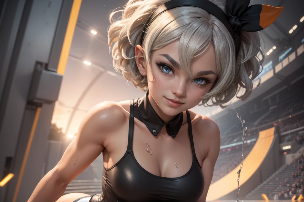 Bea da pokemon,(best qualityer,4K,8k,high resolution,work of art:1.2)(weather: windy), 1girl, solo girl, sport stadium background, short curly hair, gray hair, cropped shirt, micro shorts, thigh high stockings, headband, gloves, leotard, ultra detailed,realistic,beautiful detailed gray eyes, beautiful detailed lips,extremely detailed eye and face, long eyelashes,average,medium breasts,beaming smile,powerful girl, bright coloured, dramatic lighting,wet body,