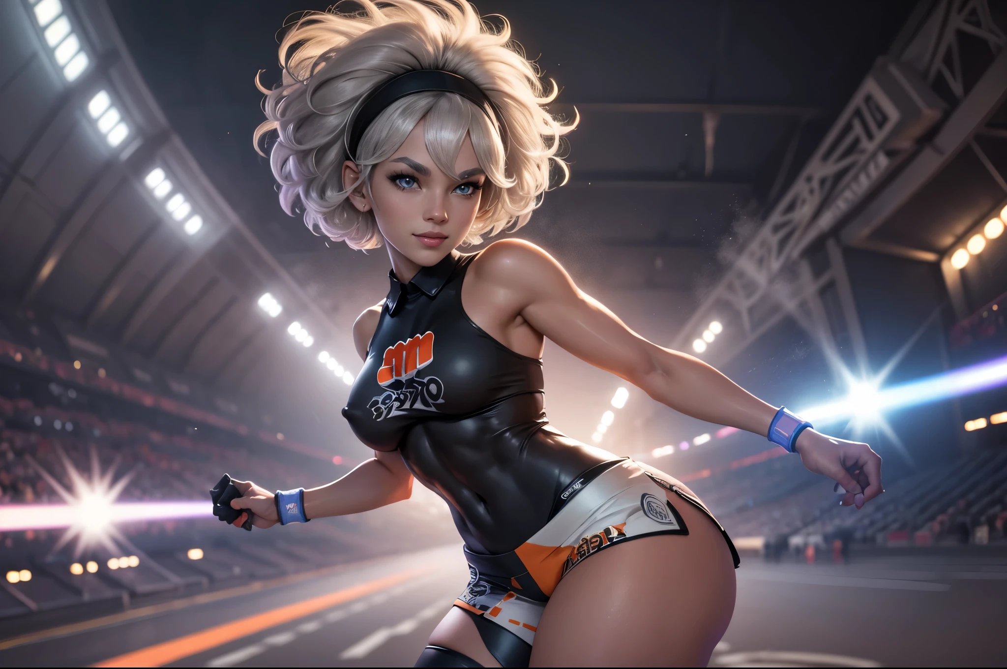 Bea da pokemon,(best qualityer,4K,8k,high resolution,work of art:1.2)(weather: windy), 1girl, solo girl, sport stadium background, short curly hair, gray hair, cropped shirt, micro shorts, thigh high stockings, headband, gloves, leotard, ultra detailed,realistic,beautiful detailed gray eyes, beautiful detailed lips,extremely detailed eye and face, long eyelashes,average,medium breasts, nipples,beaming smile,powerful girl, bright coloured, dramatic lighting,