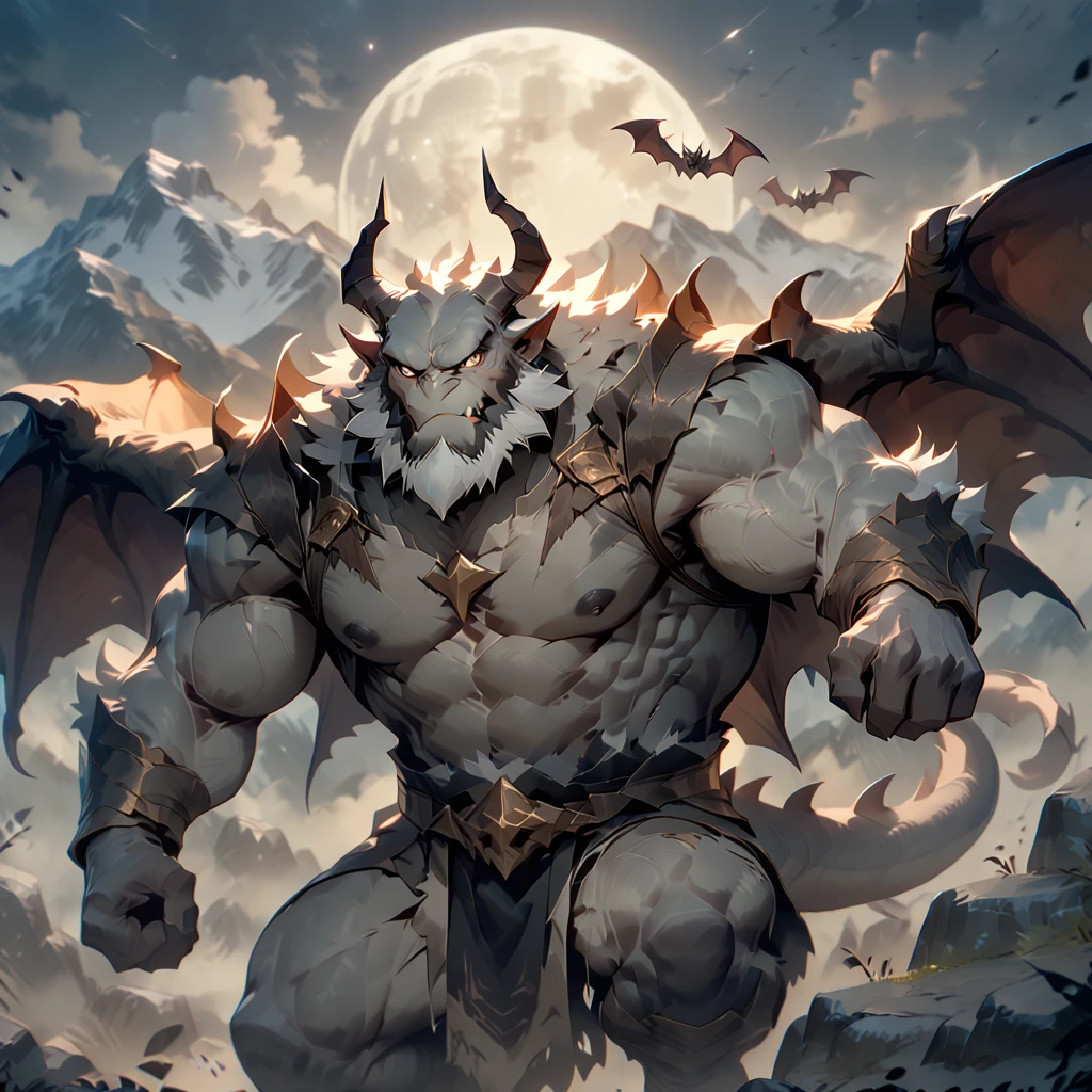 dynamic angle, dynamic pose, looking away, muscular middle-aged daemon man, fly in the air, bat wings, tail, brown eyes, beautiful beard, male face, big face, square jawline, male eyes, sharp eyes, big eyes, male eyebrows, innocent look, fluffy body, silver gray skin, BREAK full moon sky, mountain, outdoor, masterpiece, best quality, very aesthetic, absurdres,