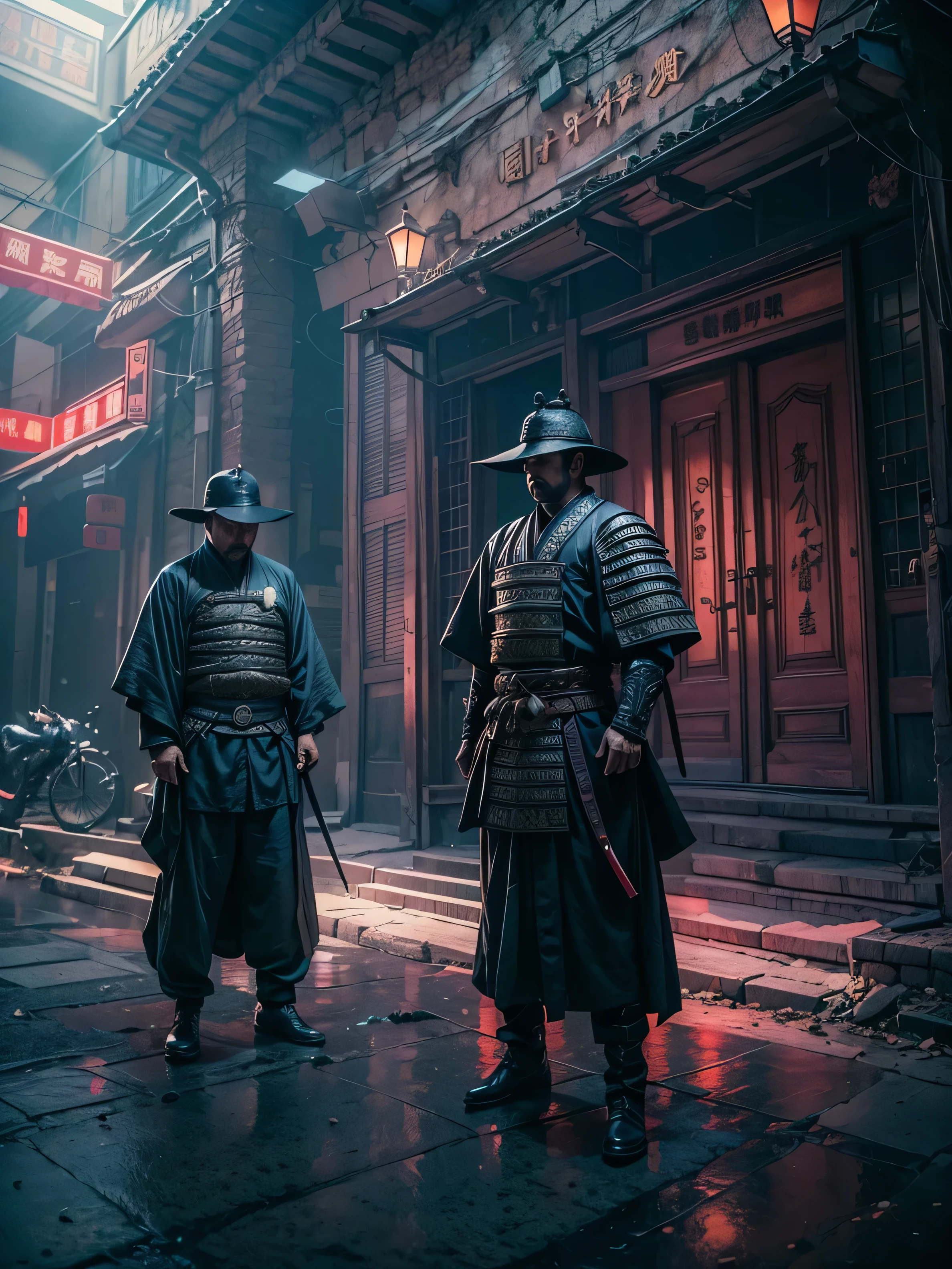 (((Masterpiece))),Best Quality,realistic perspective, High-resolution photograph,realistic details,sharp focus Two Chinese guards, dressed as futuristic samurai assassins with flowing capes and advanced weaponry, stand guard at a secret doorway in a shadowy, mysterious location. The scene is set in a cyberpunk future with glowing neon lights and dark tones. The ambiance is tense and enigmatic, filled with the sense of hidden danger. The environment combines advanced technology and ancient traditions, with the guards embodying this duality as they guard the unknown behind the secret door.Depth of field, (extremely intricate:1.3),4k, 8k