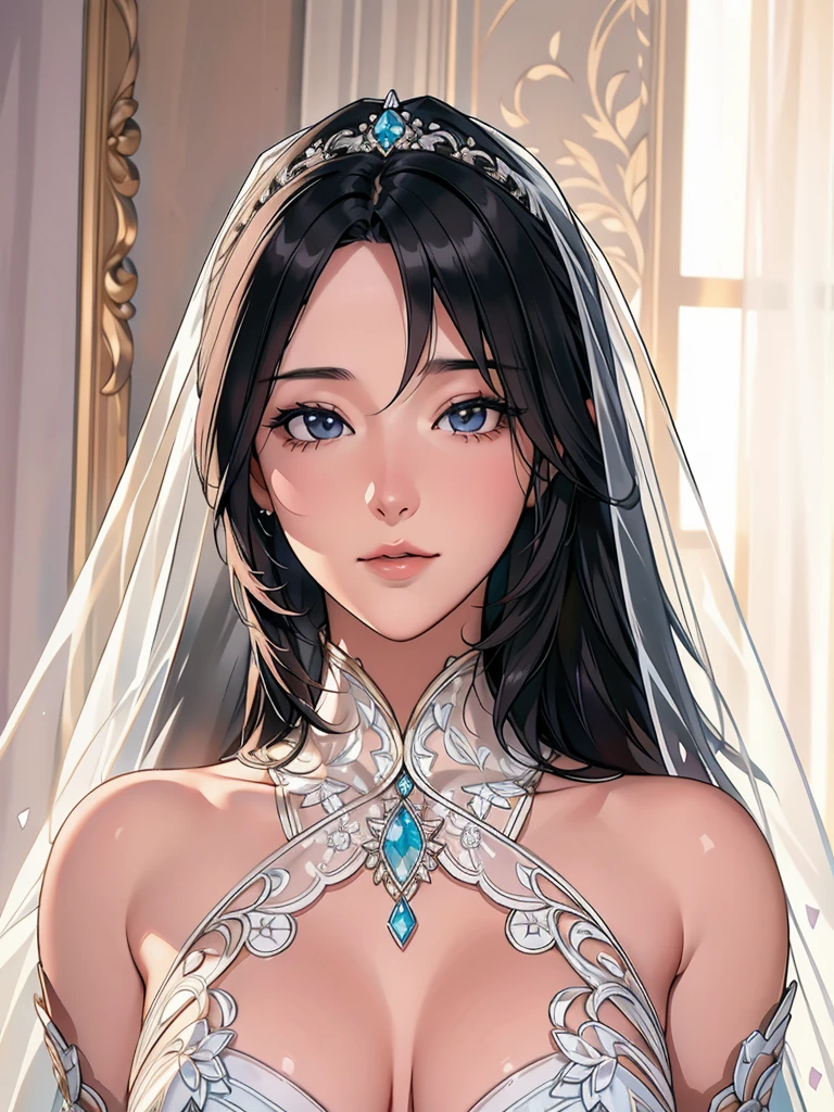 A beautiful detailed portrait of a young woman wearing a white wedding dress with a long veil, standing alone in front of a curtain. She has exquisite facial features, including stunning eyes, a delicate nose, and full lips. Her long black hair frames her face elegantly. The image is rendered with exceptional clarity and detail, capturing the intricate textures of the dress, veil, and jewelry. The overall scene has a soft, romantic atmosphere with a shallow depth of field, creating a focus on the bride. The lighting is natural and flattering, emphasizing the bride's radiant beauty. This high-quality, high-resolution image is a masterpiece, showcasing the subject's grace and elegance in a photorealistic style.