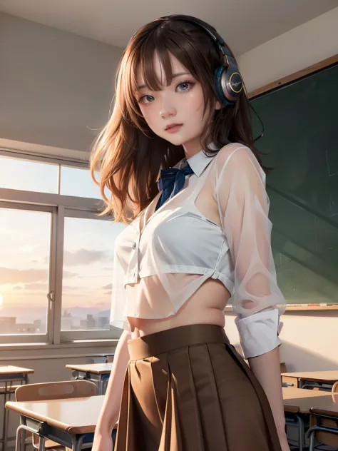 (8k,photorealistic, masutepiece, best quality, raw photo:1.3)、1woman in, 25years old,solo,school girl, long hair, brown hair, de...