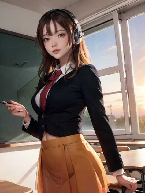 (8k,photorealistic, masutepiece, best quality, raw photo:1.3)、1woman in, 25years old,solo,school girl, long hair, brown hair, de...