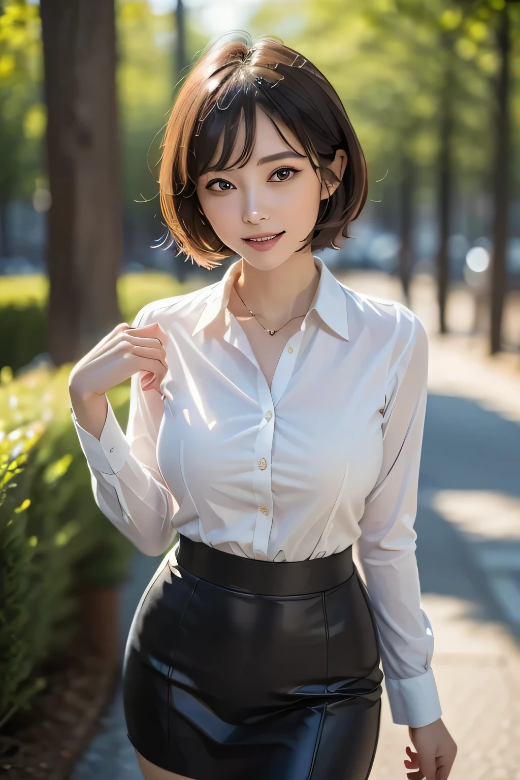 (1 Beauty), beautiful, Great face and eyes, cosmetics, (Extremely delicate beautiful face), (Sexiest Looks), (beautiful big breasts:1.1), (Highest quality:1.4), (Very detailedな), (Very detailed CG synthesis 8k wallpaper), Very detailed, Original photo, Professional photography, ((suit)), (Tight Skirt), (Open collar business shirt), Outdoor, ((Night Forest)), (Night Sky), Written boundary depth