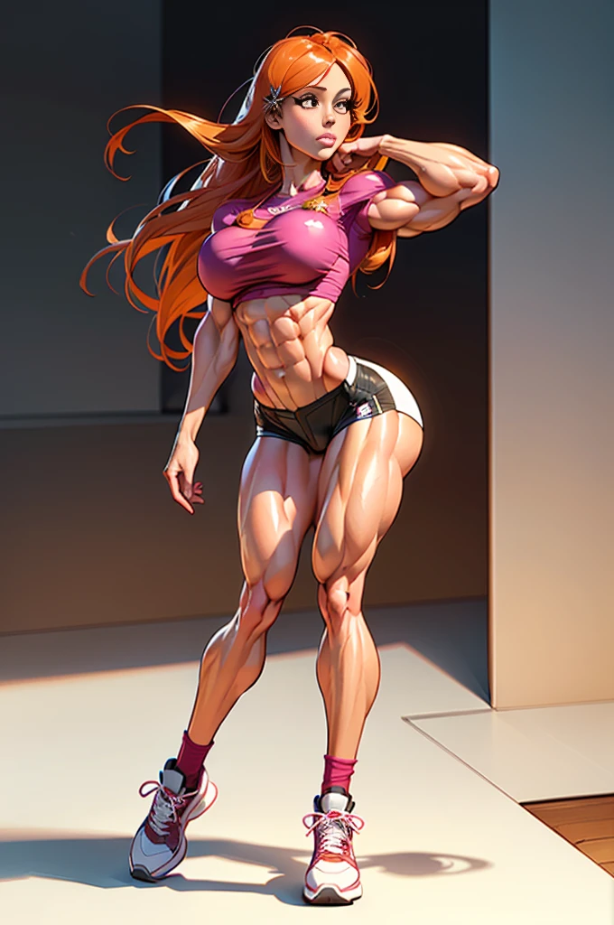 Fullbody view, (navel piercing), navel exposed, Generate an illustration of a mature Orihime, pink shirt,  orange hair , ((hailey grace face)), de terno preto, (natural lipstick:1.1), long hair, hair flows straight down, hair pins on both sides, (firm breasts:1.7), crop top, shorts, long socks, sneakers,  outfit in anime format with a serious style, masterpiece, ((white lighting)), black background, puffy lips,((slendered abs)), beautiful face, well defined powerful musculature, bulky and buff woman, (muscular body: 1.7), hypermuscular body of Professional female bodybuilder, (powerful thighs and glutes: 1.4)