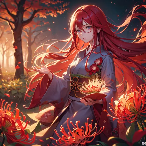 beautiful glasses wearing girl with long red hair and blue eyes wearing a red kimono standing in a field of red red spider lilie...