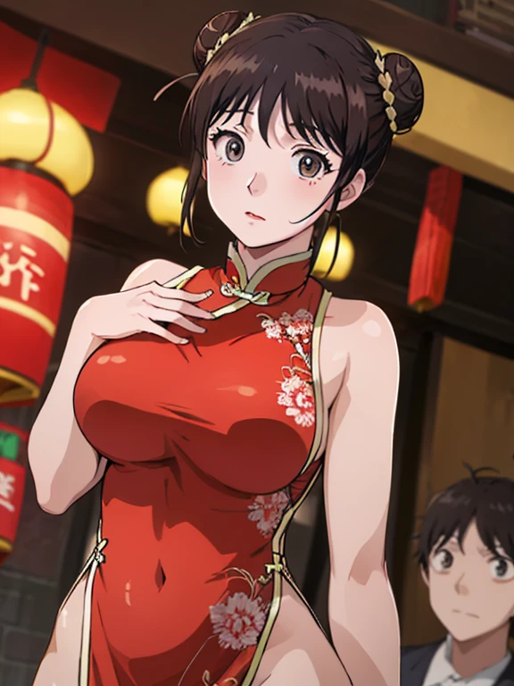 (Anime Style)、(Double bun hair)、(short hair)、Black Hair、hairpin、(woman１people)、若いwoman、beautiful長い脚、beautiful体、beautiful鼻、Perfect Eyes、Perfect Face、Perfect Legs、Perfect balance、(beautiful、Large Breasts:1.3)、(beautiful顔:1.5)、(Tight waist)、Perfect lighting、colorful、Bright front light、Glowing Skin、 (masterpiece:1.0)、((High resolution))、((Highest quality))、(Normal hand)、(Five Fingers)、(Anatomically correct hand)、(Please write your hand correctly)、(Chinatown）、(Red Chinese dress）