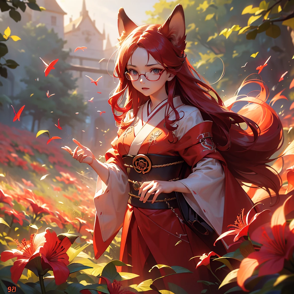 a Beautiful glasses wearing girl with long red hair and blue eyes wearing a red kimono standing in a field of red red spider lilies, fox spirit emerging from the twilight, detailed facial features, highly detailed eyes, (Best Quality, 4k, 8k, High Resolution, Masterpiece: 1.2), Ultra Detailed, (Realistic, Photorealistic, Photorealistic: 1.37), Vivid colors, Cinematic lighting, Surreal fantasy, Atmospheric mood